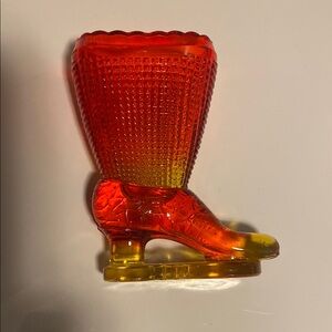 Vintage L.E. Smith Amberina Red Yellow Glass Boot Toothpick Holder 3.75"